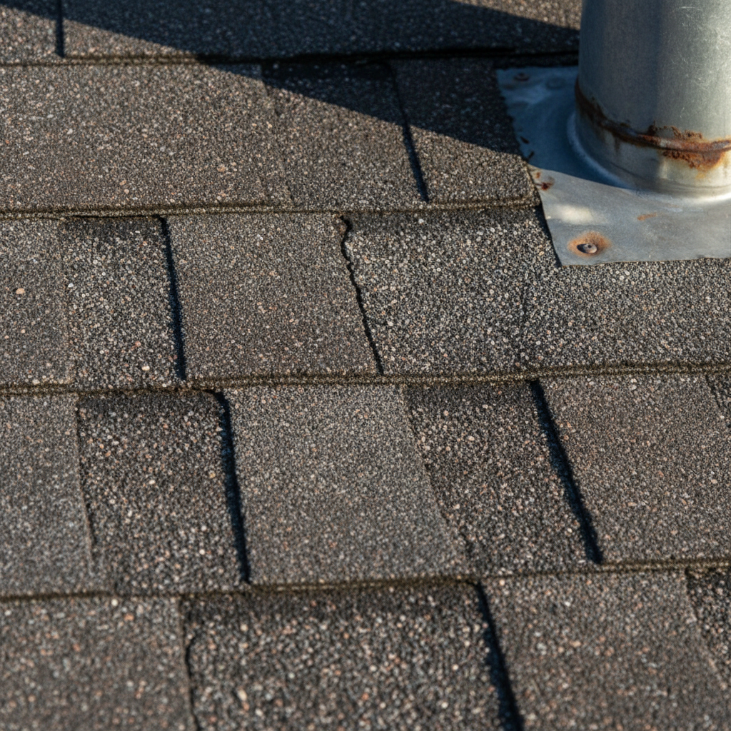 Close-up asphalt shingles and roof flashing detail used in a roof home inspection to reveal granule loss and cracks