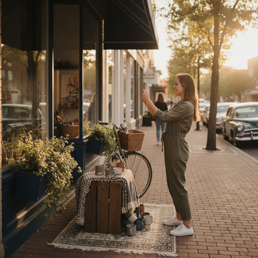 Small business owner photographing products to support AI-powered content generation and local SEO reach