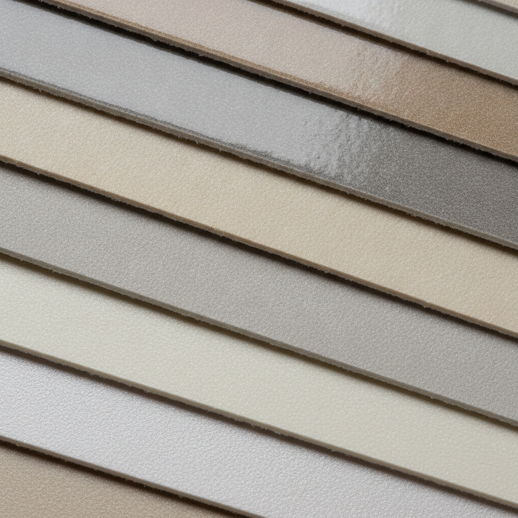 Close-up of brochure paper finishes—gloss, matte, satin—showing texture and gsm thickness, a key brochure printing cost factor for real estate marketing