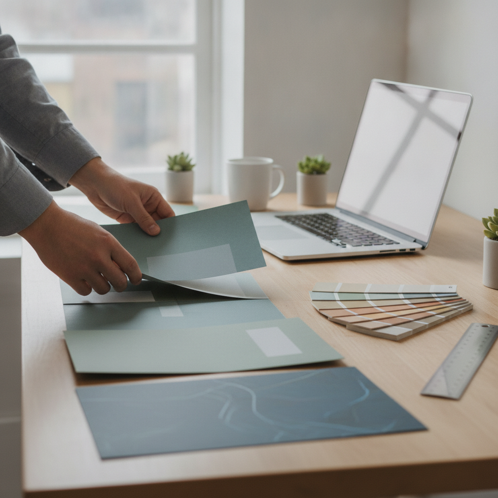 Designer arranging folded brochure mockups, planning panel flow, margins, and bleed for efficient brochure printing in Mississauga