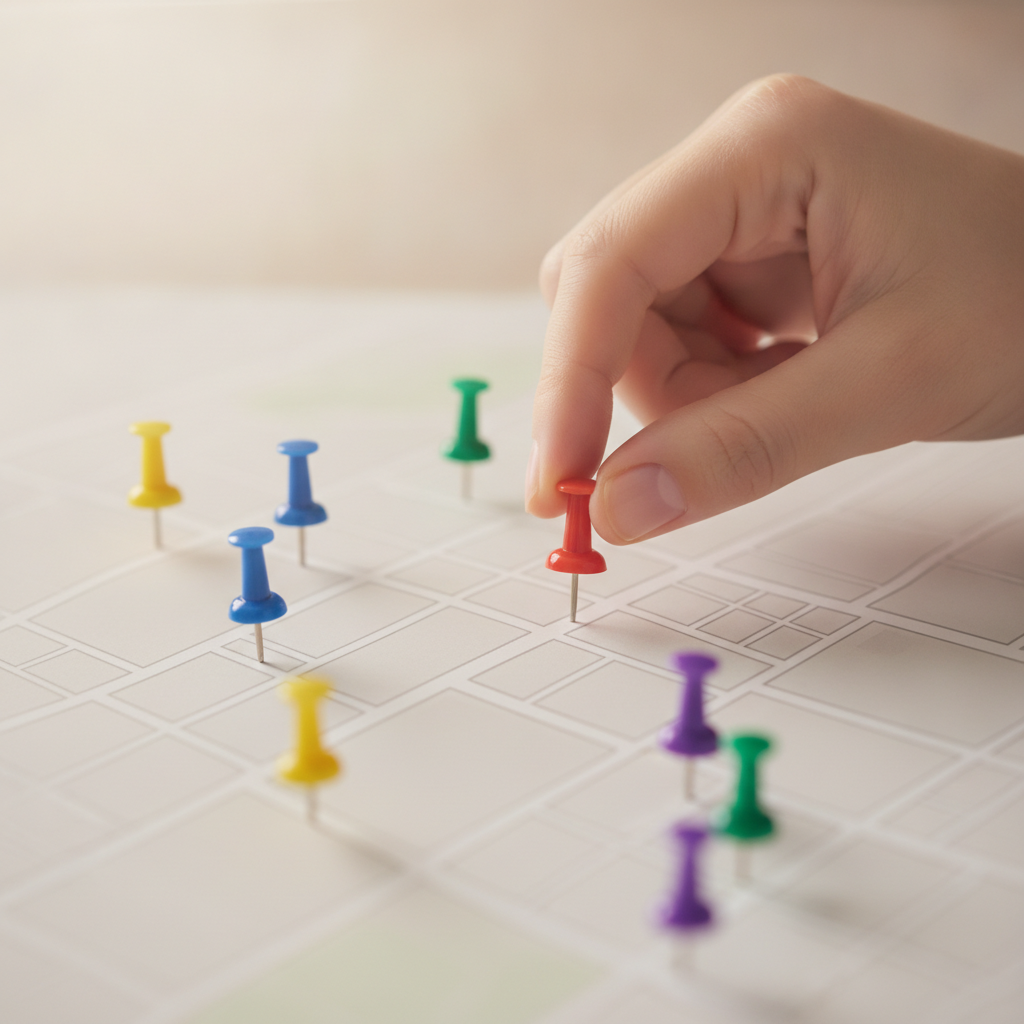 Detail shot of planning a Brampton property search by area using unlabeled neighborhood map and pins