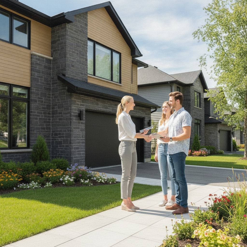 Real estate agent greeting a couple outside a Brampton detached home during an area-focused tour