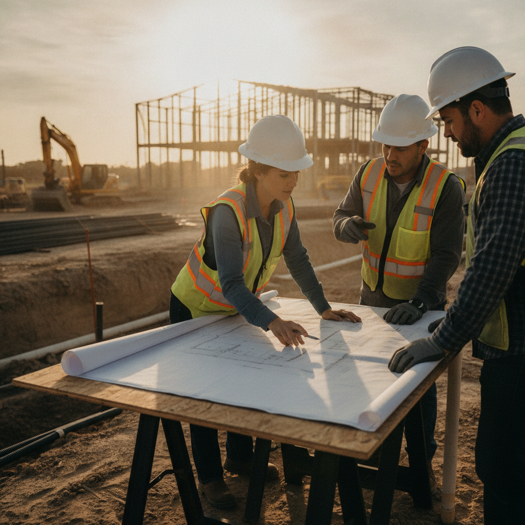 Construction management team in Galveston reviewing coordinated plans on-site — aligning schedule, permits, and QA to control the cost to build