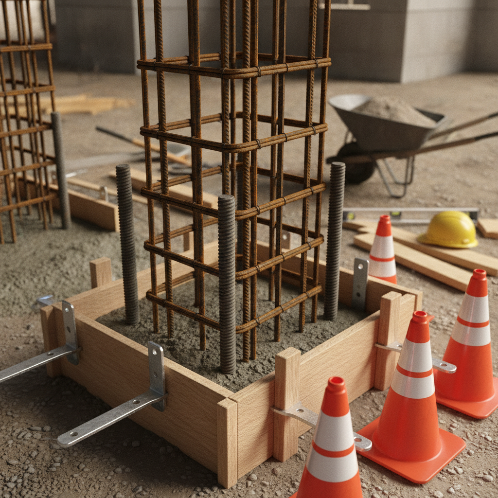 Detail shot of rebar and anchor bolts in a fuel canopy footing — a gas station construction detail in Texas that often influences the cost to build via layout accuracy and cure-time planning