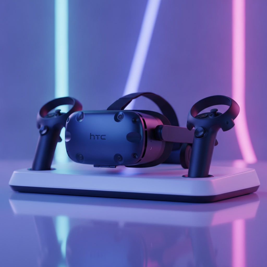 Close-up of HTC Vive Pro headset and motion controllers used at The Next Level VR arcade for the best multiplayer VR games