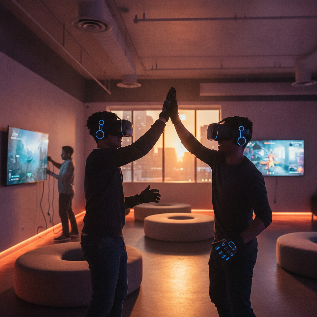 Two players high-fiving during a multiplayer VR game session at The Next Level’s party room in London, Ontario