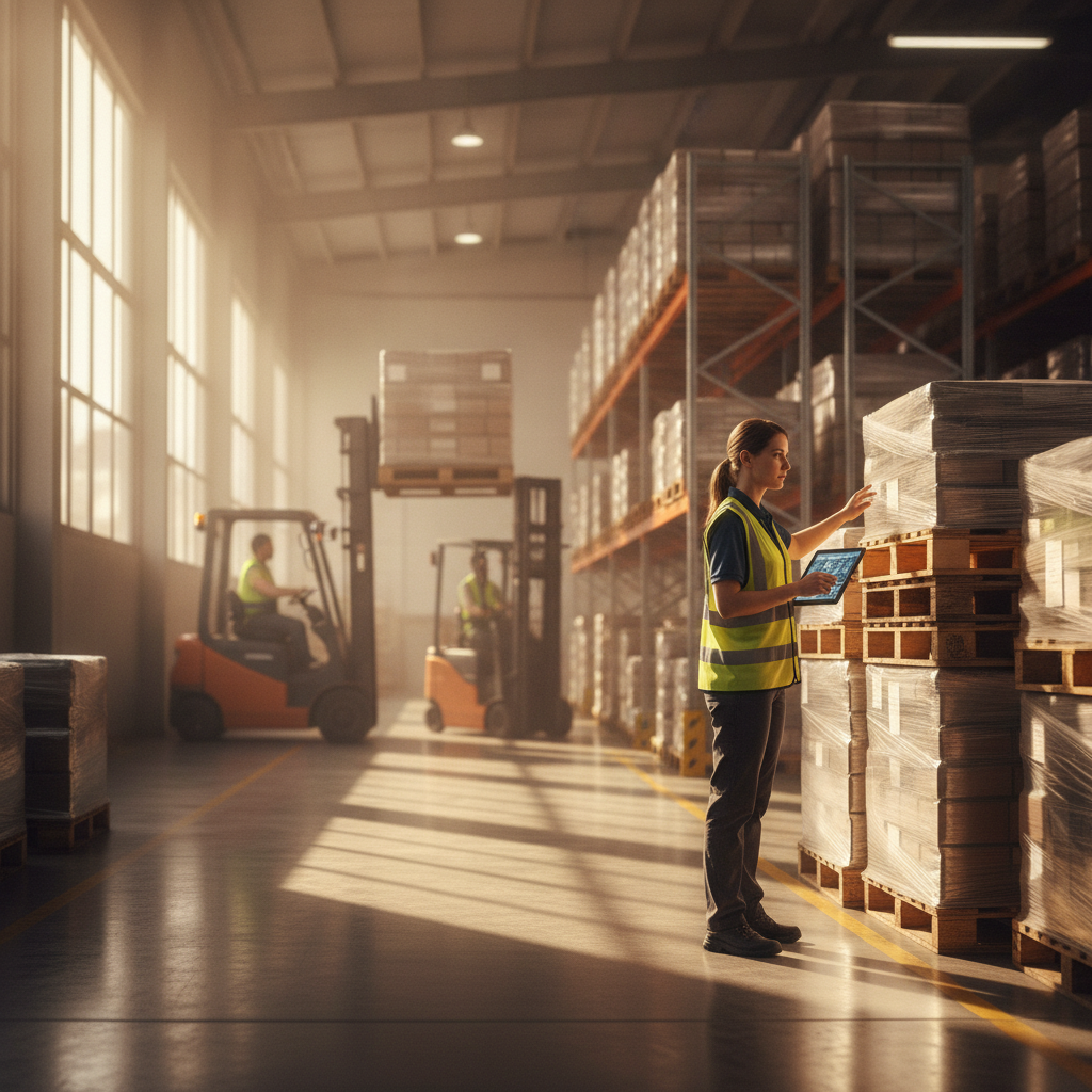 Warehouse operations scene showing inventory checks and tablet-based inspections for public contract delivery readiness