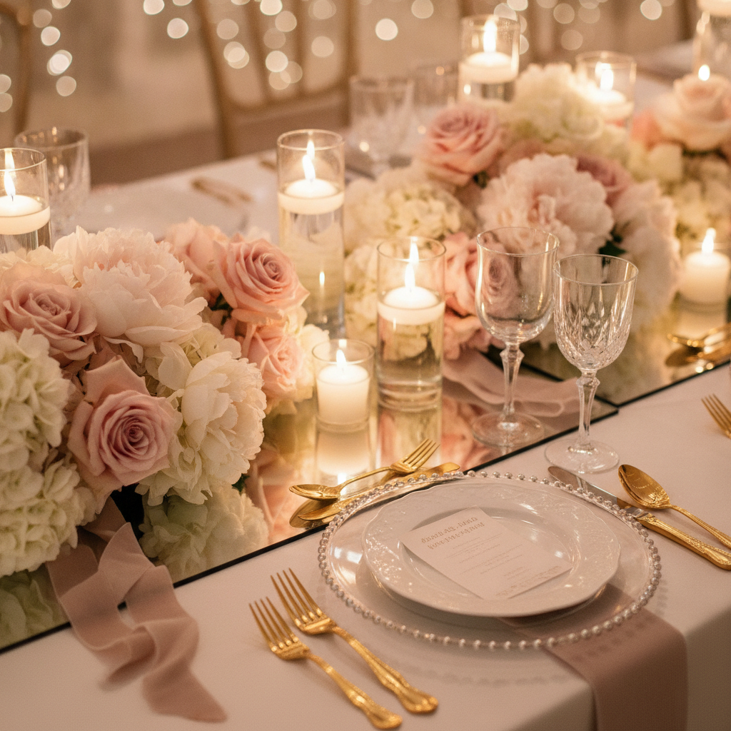 Luxurious wedding tablescape in London with blush florals, gold flatware, and crystal stemware styled by party planners in London