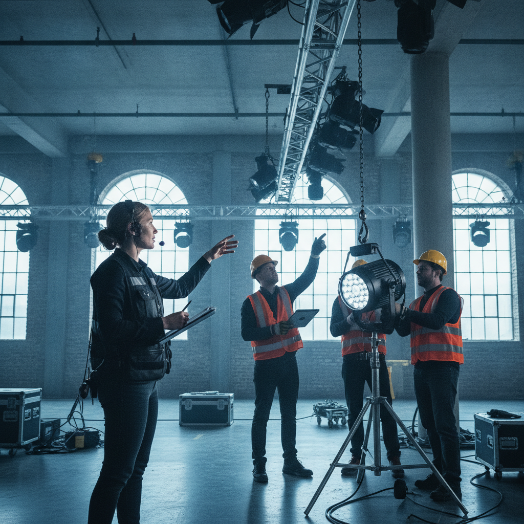 Event planner coordinating lighting and stage load-in for a London celebration
