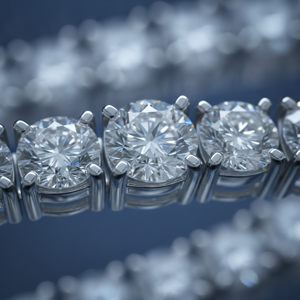 Macro detail of a lab grown diamond tennis bracelet showing a four-prong basket setting in polished white gold for secure everyday sparkle