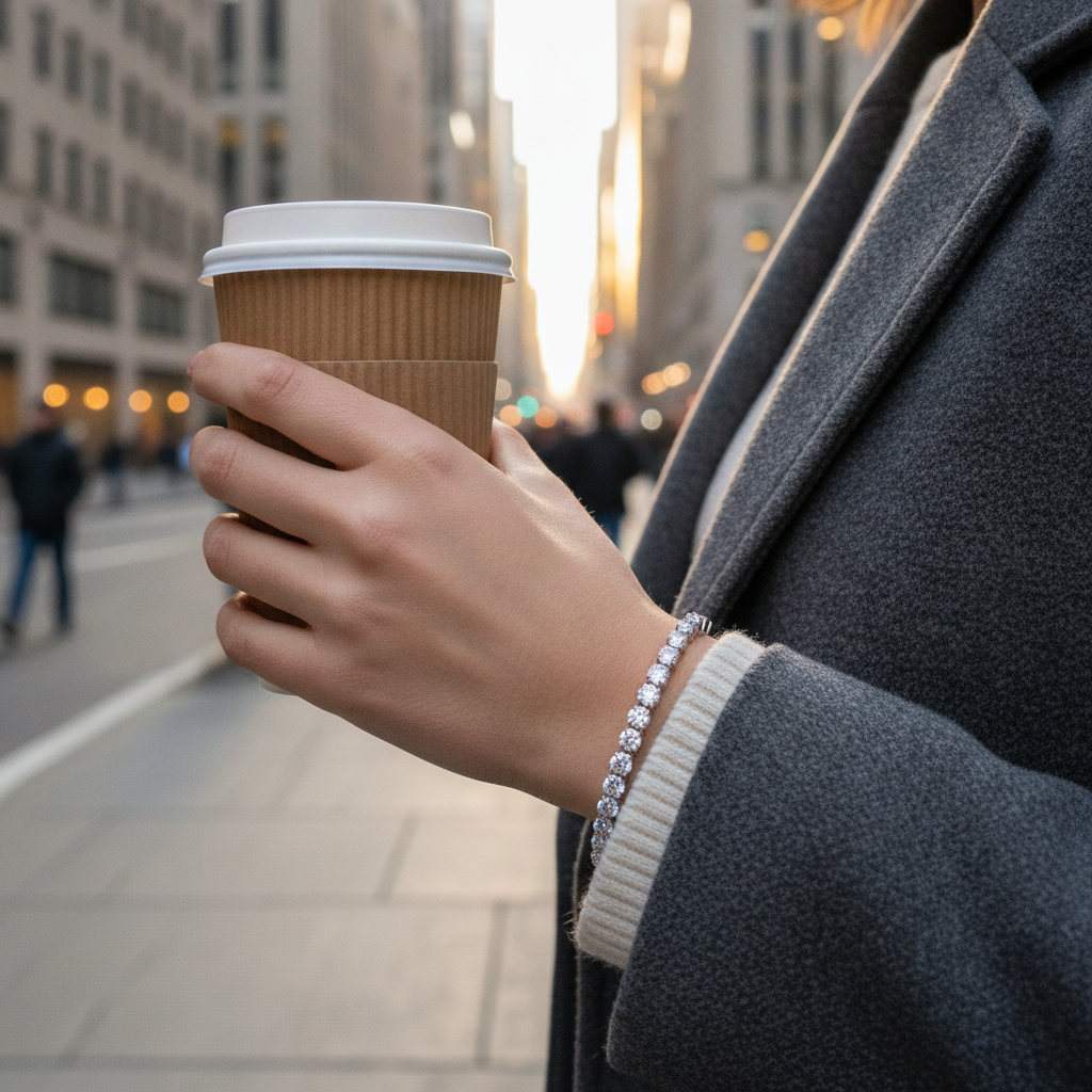 Lifestyle view of a lab grown diamond tennis bracelet worn in Manhattan during golden hour, illustrating everyday luxury and versatility