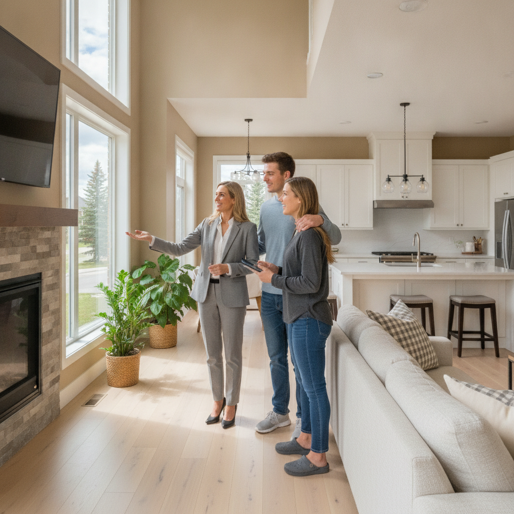 ANAND REALTY INC agent showing a bright modern Edmonton home interior, guiding clients through tours and offers
