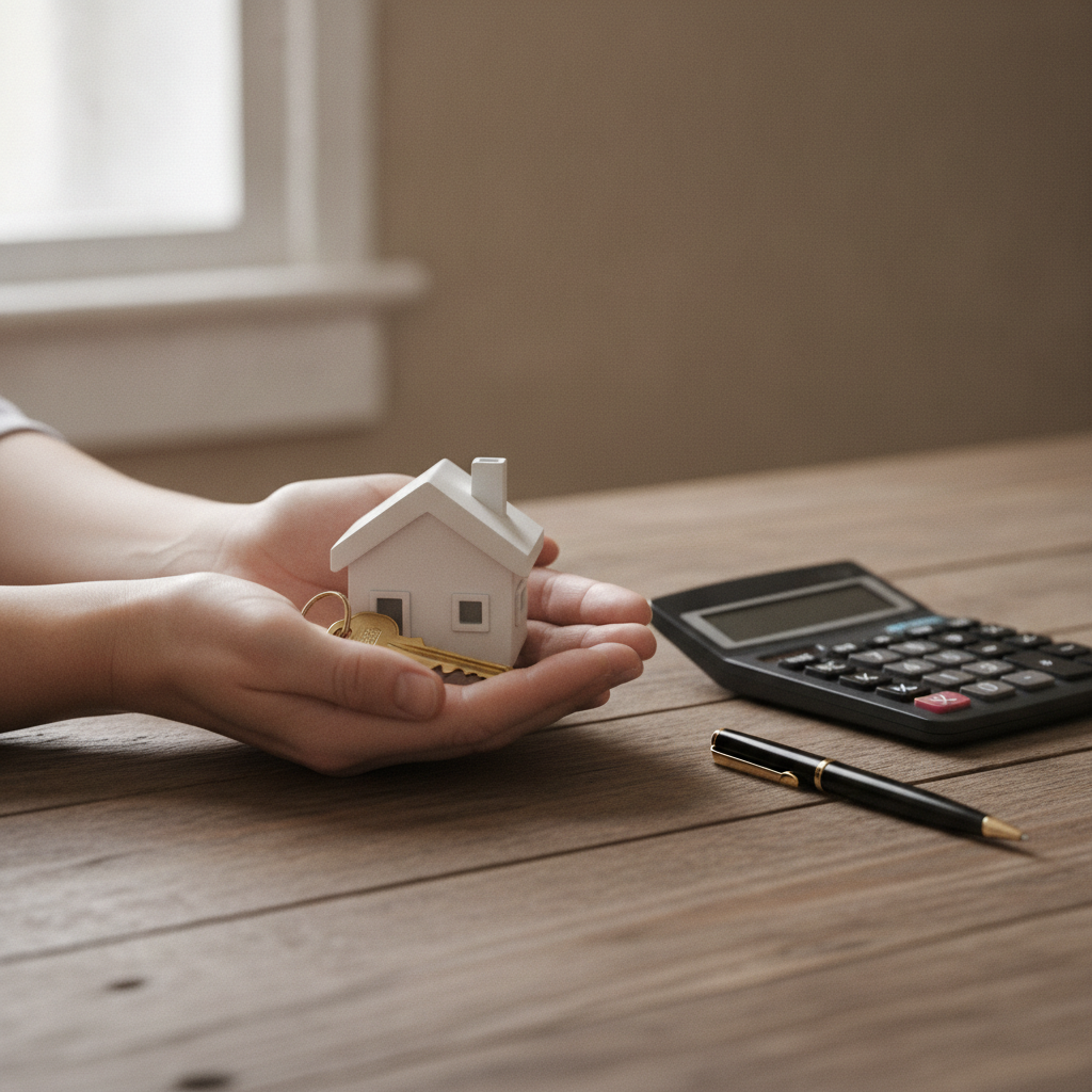 Edmonton home buyer holding keys beside calculator, illustrating MLS search and mortgage planning for real estate in Edmonton, Canada
