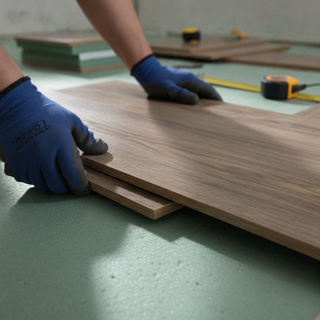 Close-up of SPC rigid core vinyl plank installation showing click-lock edge and textured wear layer for durable flooring in rental units