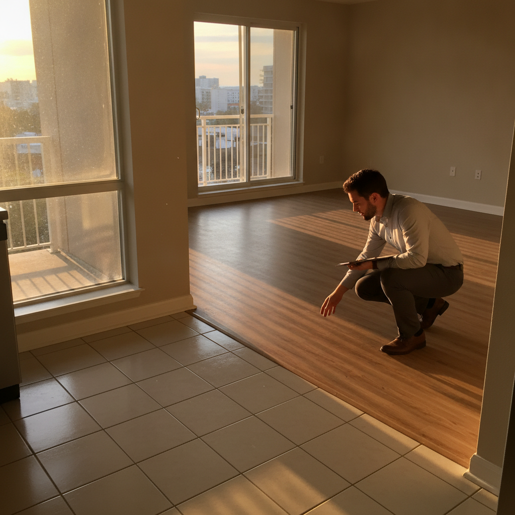 Empty rental living room with porcelain tile in kitchen and vinyl plank in living area, showing a durable transition for London ON apartments