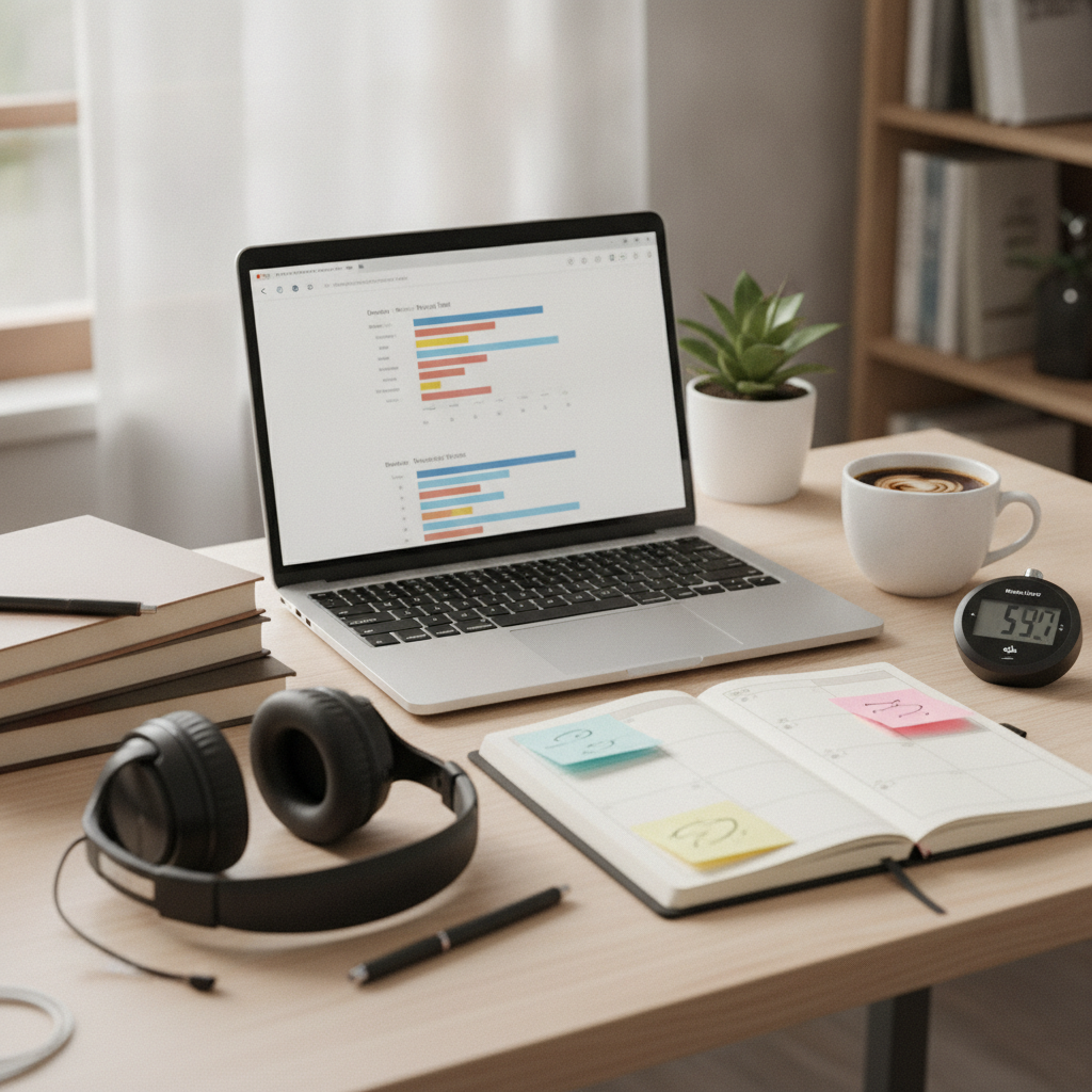 Organized PMP study desk with planner, stopwatch, and practice test open—timed drills for PMP certification prep