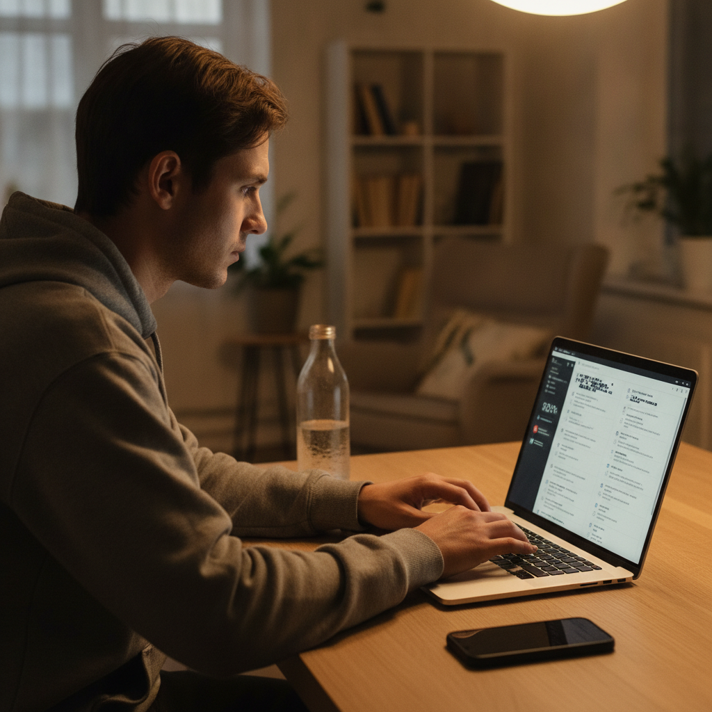 Candidate practicing a timed PMP mock exam at home—focused evening session for realistic simulation