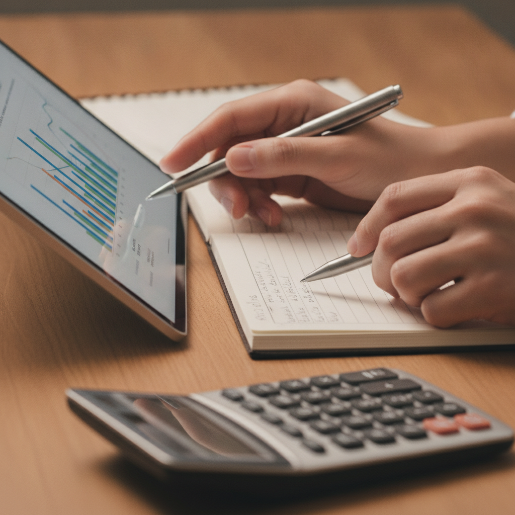 Close-up of Xero bookkeeping reconciliation on tablet with calculator and pen, emphasizing bank feeds and month-end checks