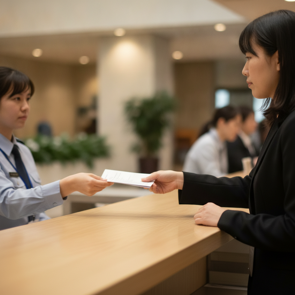 Service counter scene as driver hands in organized car title transfer forms during ownership change