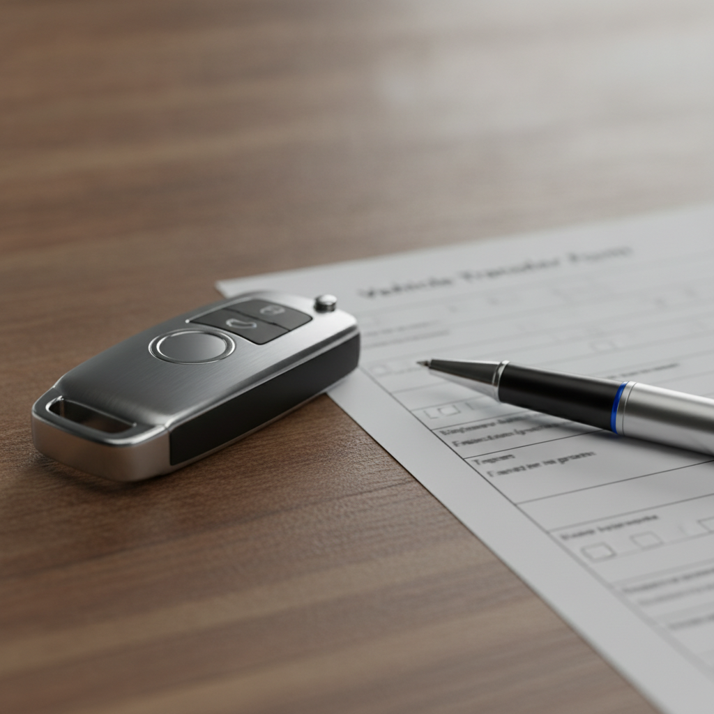 Vehicle ownership transfer paperwork with car key fob and pen organized for Etobicoke notary appointment