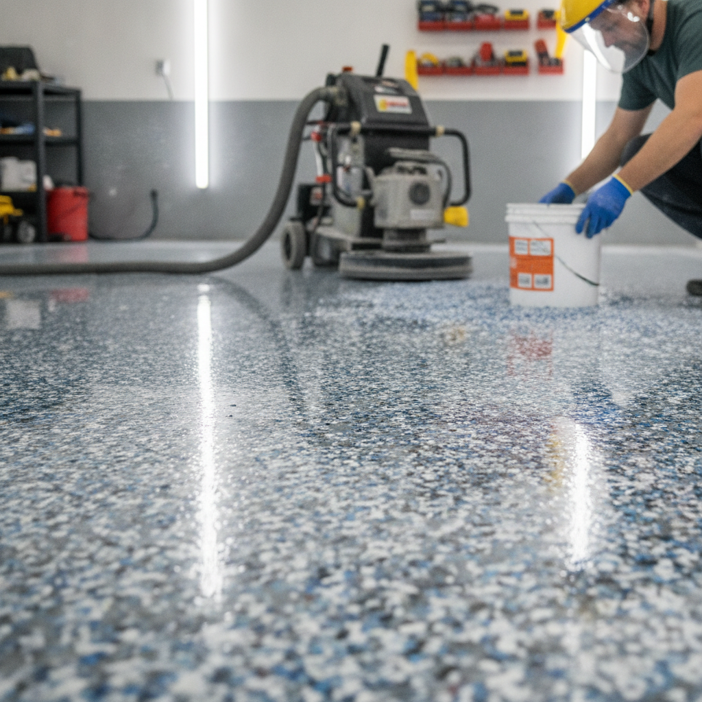 Garage epoxy floor installation with diamond grinding and flake broadcast by residential painting contractors