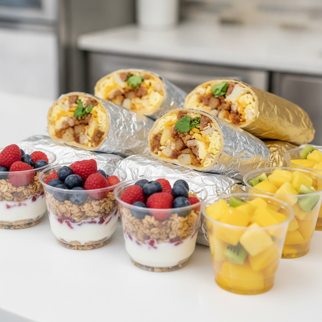 Individually packaged office breakfast catering items including labeled yogurt parfaits, fruit cups, and breakfast wraps for Toronto workplaces