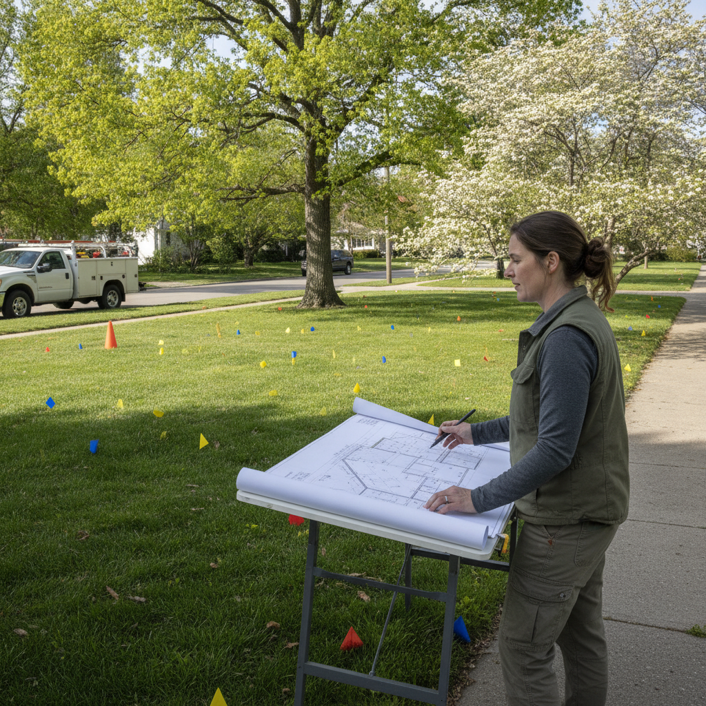 Landscape designer in Mississauga reviewing site plan with utility locate flags near a sidewalk before interlocking installation