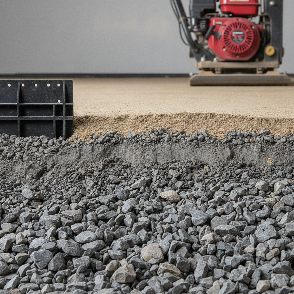 Close-up of compacted gravel base and bedding sand with edge restraint for interlocking pavers in Mississauga, showing best-practice base preparation