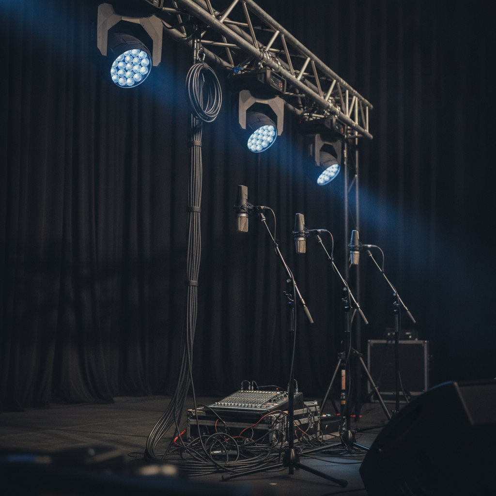 Close-up of stage lighting rig and audio gear for event staging services in a modern ballroom