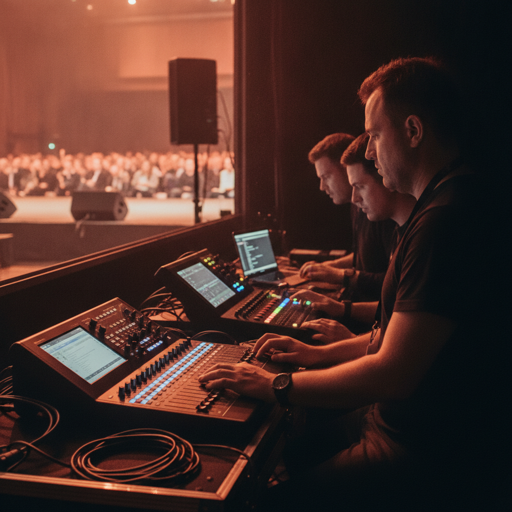 Backstage technicians running audio and lighting consoles during a live conference in Mississauga