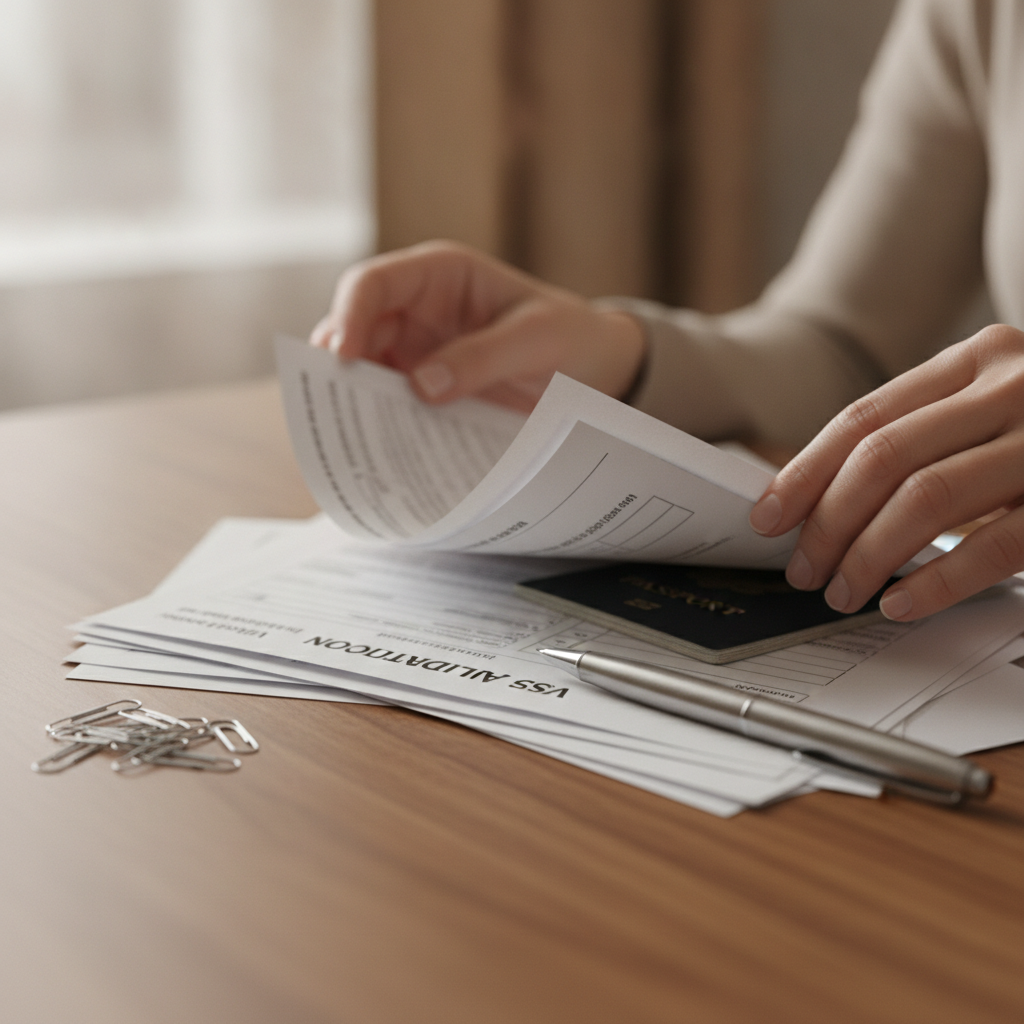 Close-up of hands organizing immigration appeal documents with a passport and pen, illustrating how an immigration law lawyer prepares evidence