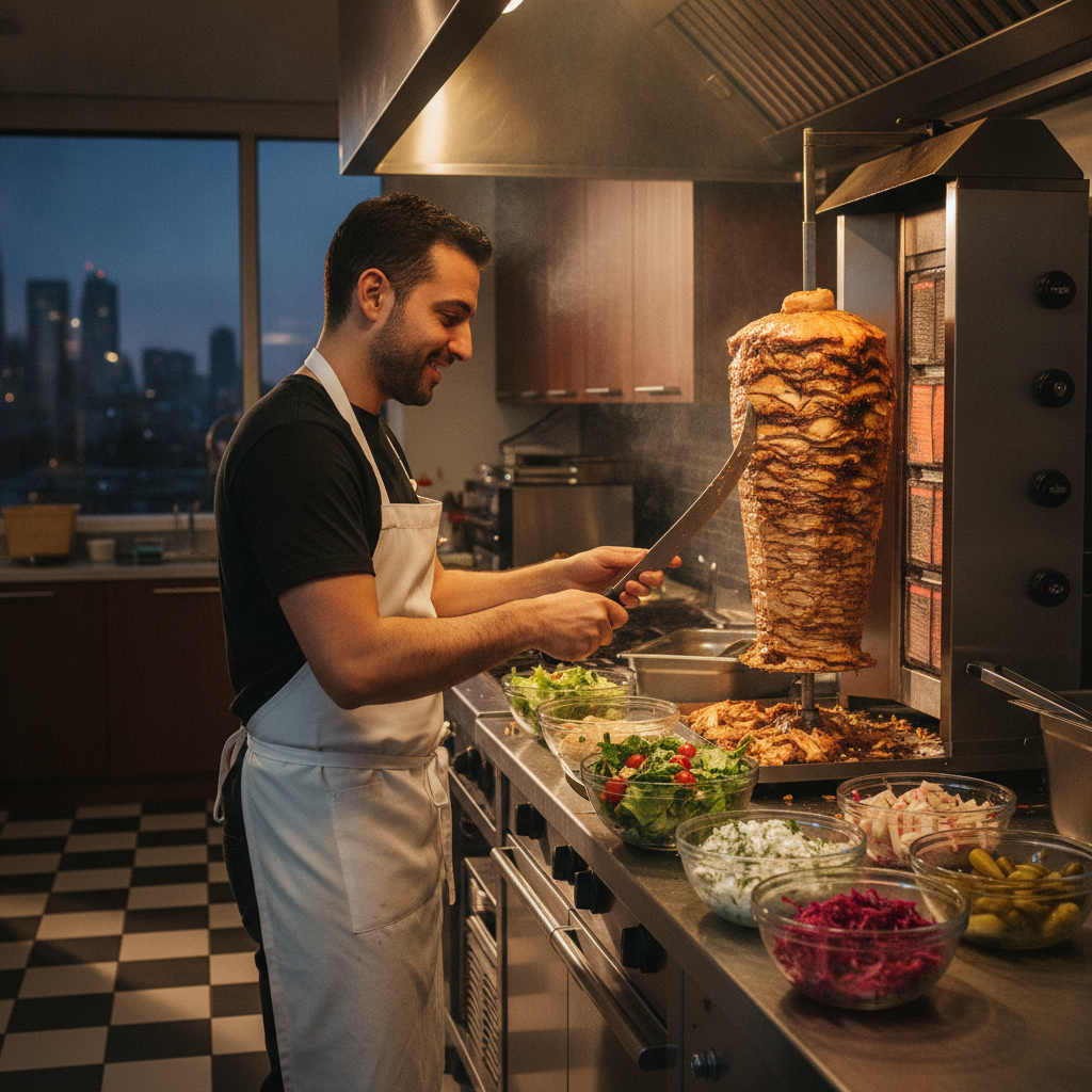 Chef carving chicken shawarma on a vertical rotisserie in Toronto kitchen showing Turkish cuisine techniques