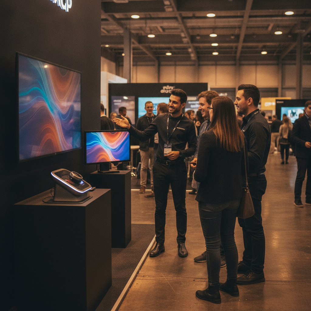 Side-angle view of a live product demonstration area inside a trade show booth with two staff greeting visitors and ambient lighting