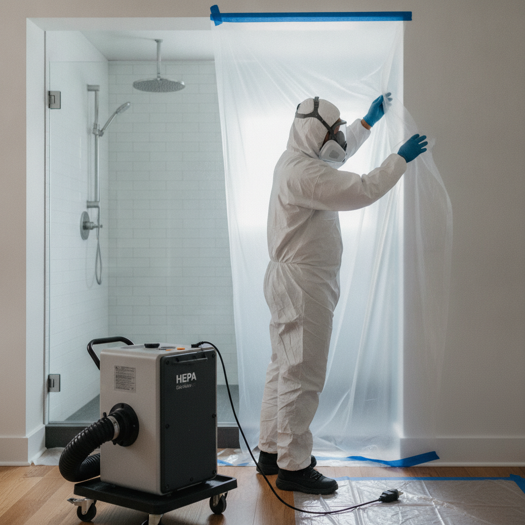 HEPA air scrubber and plastic containment staged near a bathroom during black shower mold cleanup
