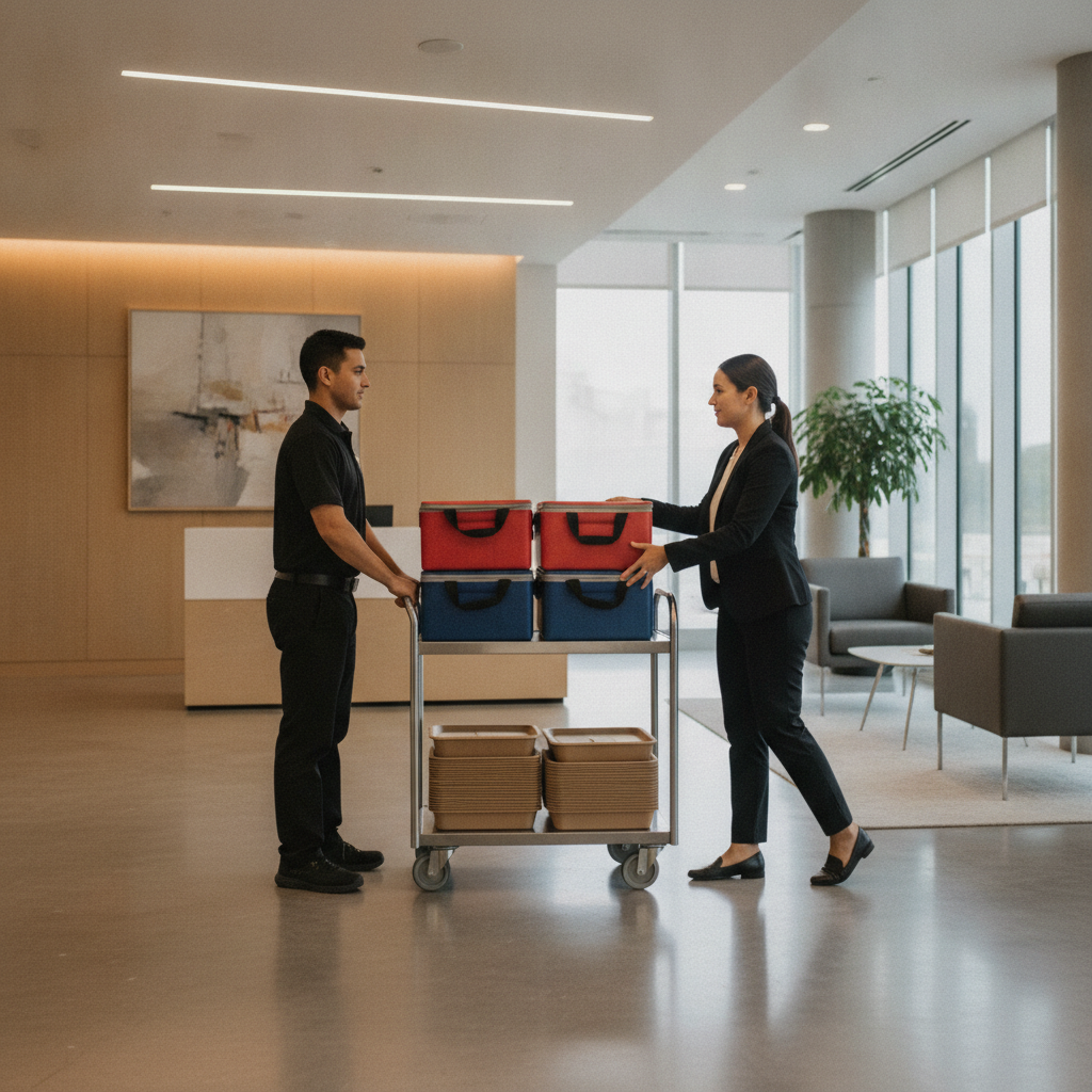 Early-morning corporate catering delivery with insulated carriers and trays being brought into an office lobby in Toronto