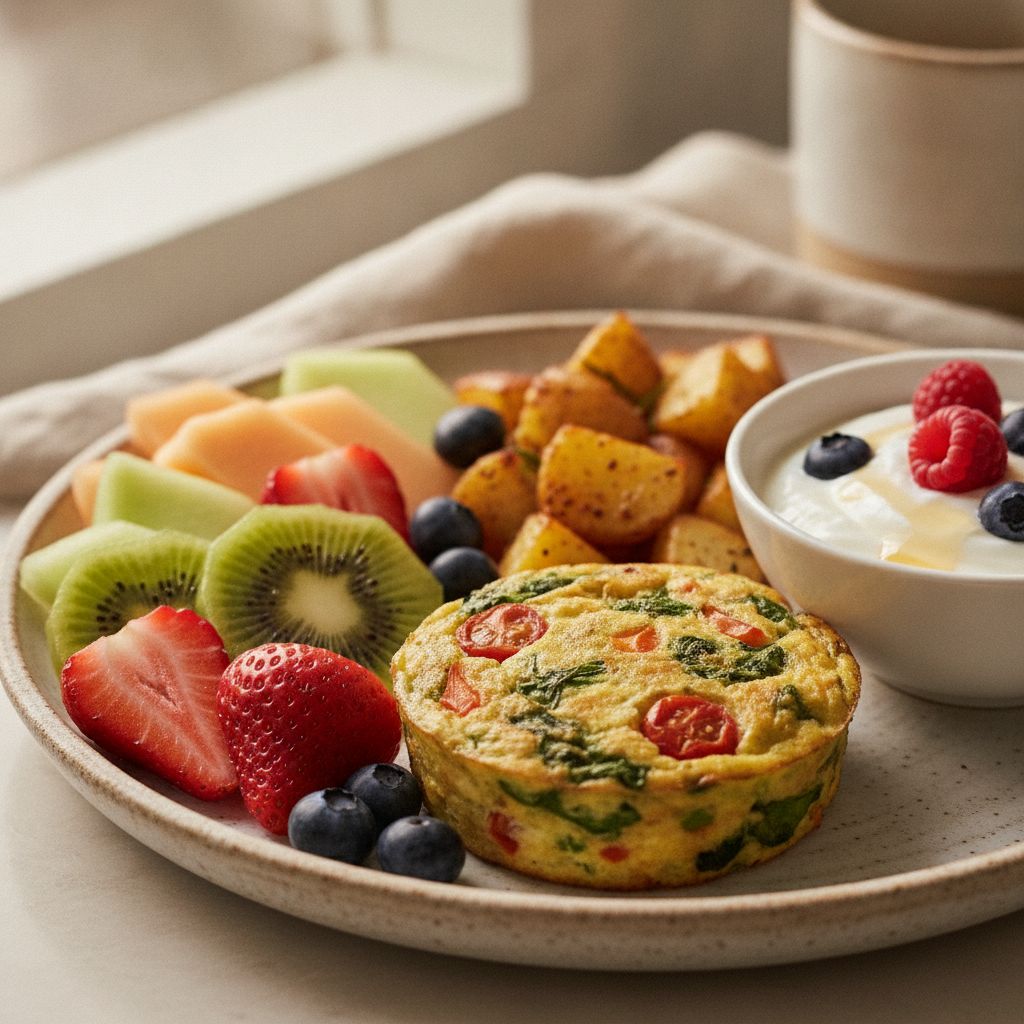 Close-up of an individually packaged corporate breakfast plate with fruit, mini frittata, potatoes, and yogurt—ideal for labeled office catering