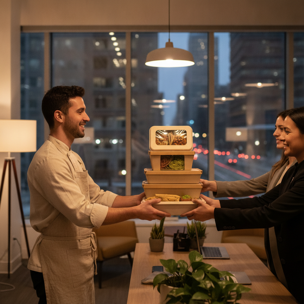 Side-angle scene of eco-friendly Mexican catering takeout boxes being handed to an office team in a modern lobby—streamlined service for Toronto events