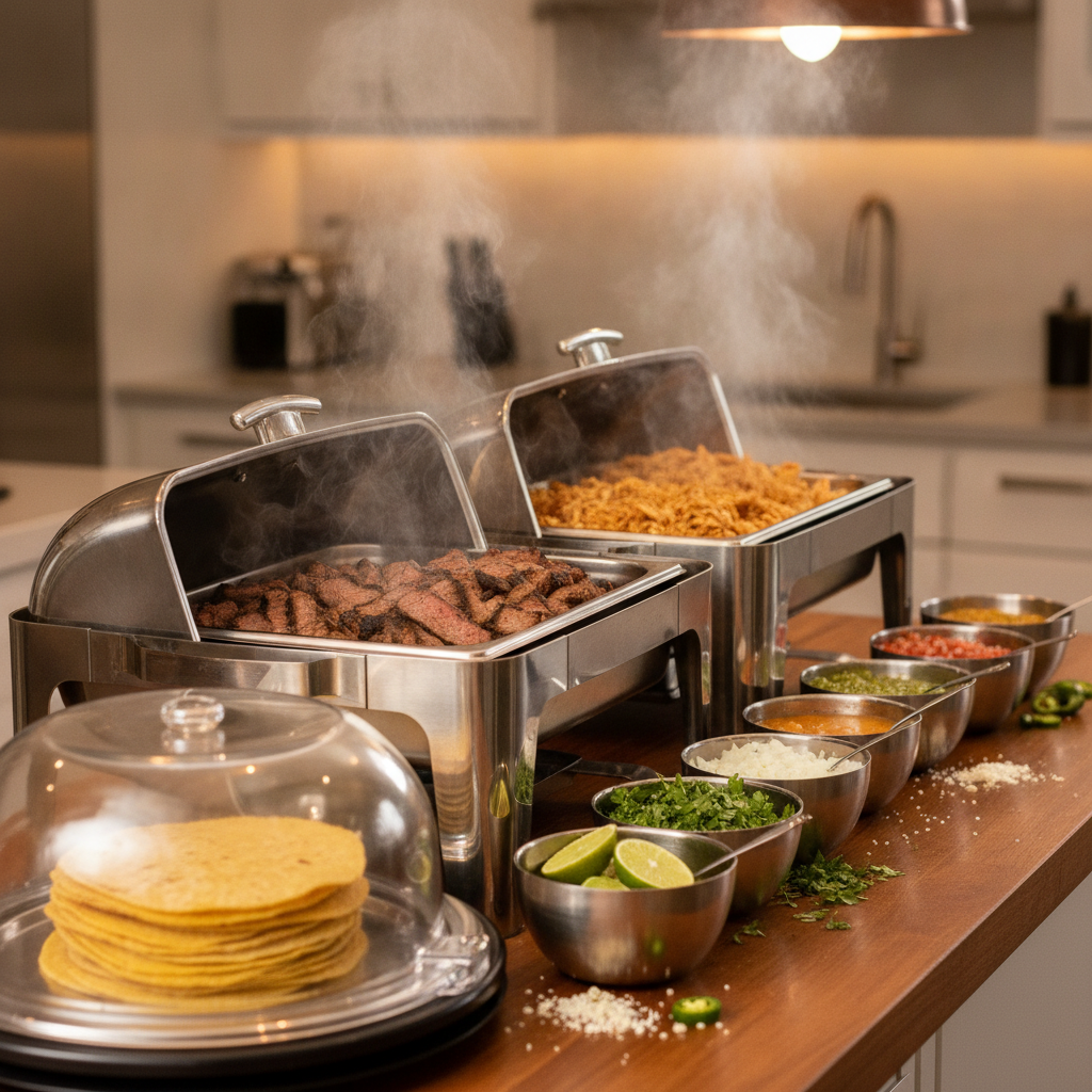 Close-up of a build-your-own taco bar with warm tortillas, grilled meats, cilantro, onions, and colorful salsas in stainless pans—perfect for Mexican catering