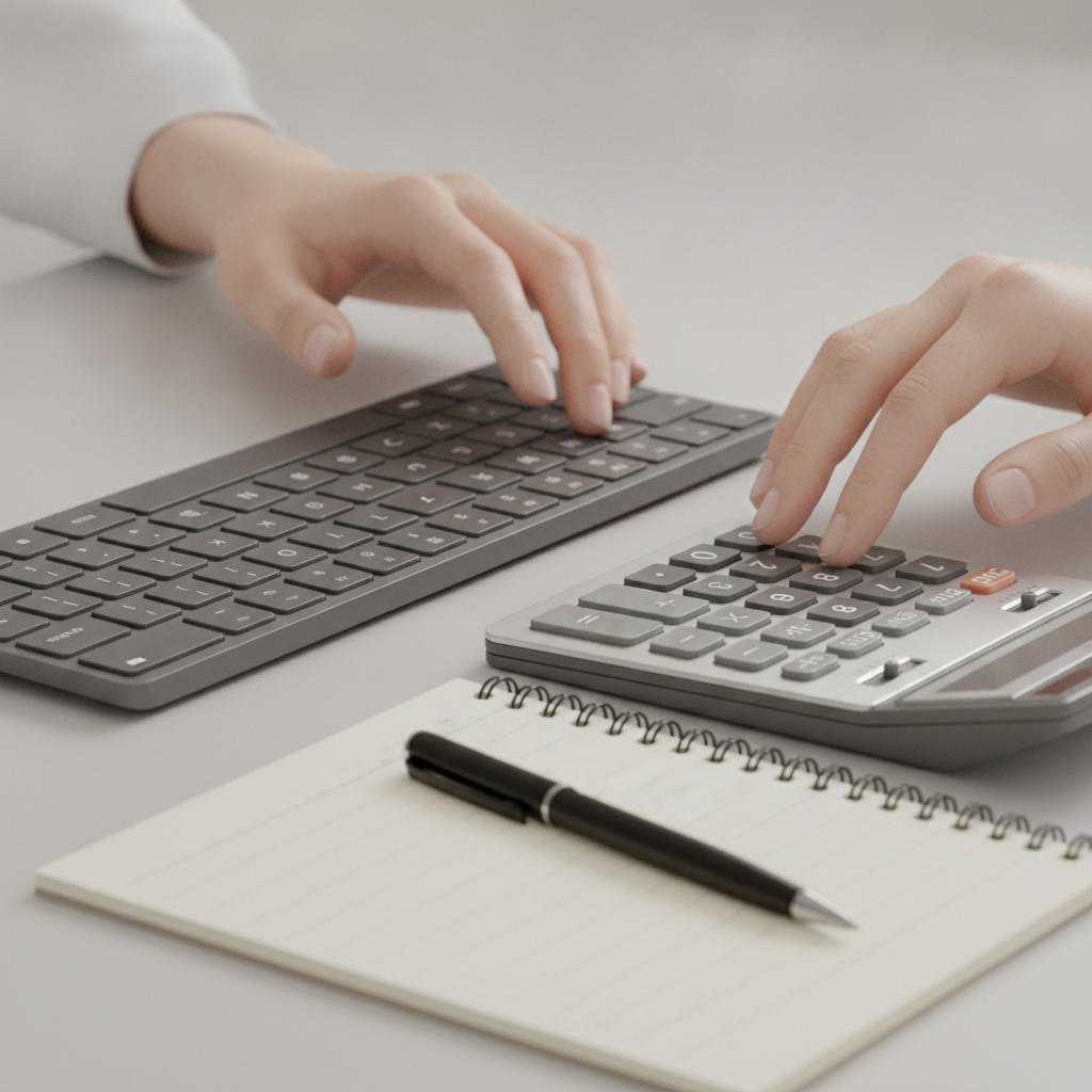 Close-up payroll workflow tools for QuickBooks payroll processing: keyboard, calculator, and notepad on a clean desk