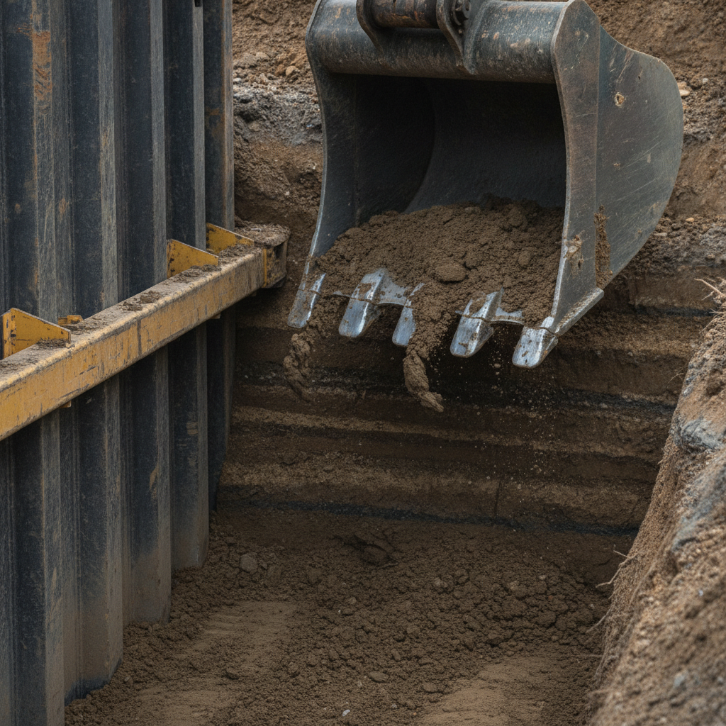Close-up of excavator bucket and trench shoring during commercial excavation work in Texas