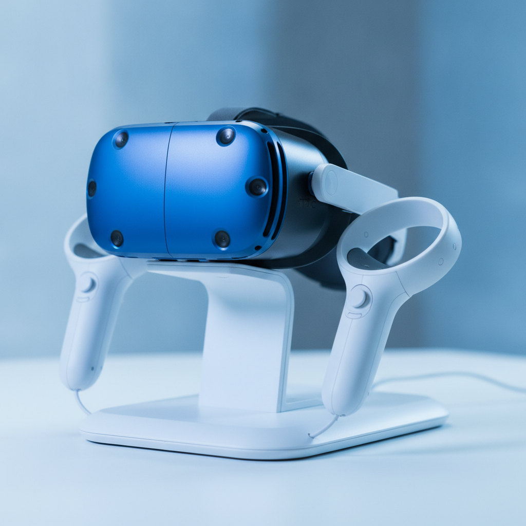 Close-up of HTC Vive Pro VR headset and motion controllers used for Beat Saber VR at The Next Level arcade