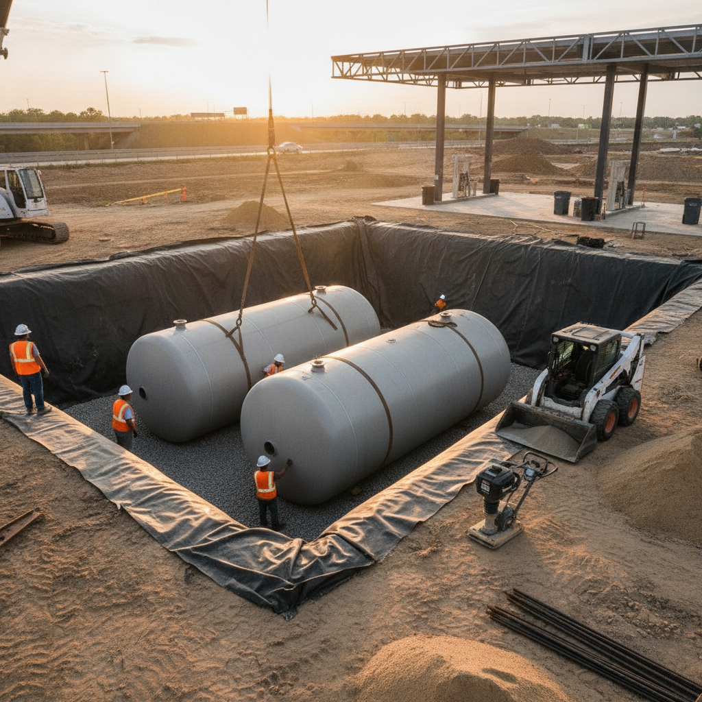 Underground storage tank installation scene at a future gas station site in Texas with lined excavation and safety crews