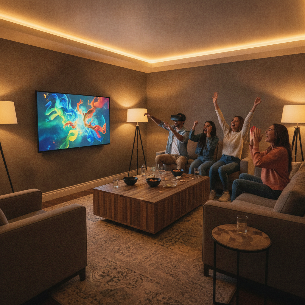 Party room with lounge seating and wall-mounted TV for Beat Saber VR spectating at The Next Level in London Ontario