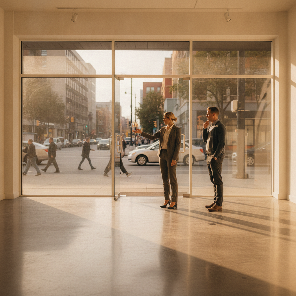 Property manager touring an empty retail storefront, illustrating possession and fit-out under a commercial rent agreement