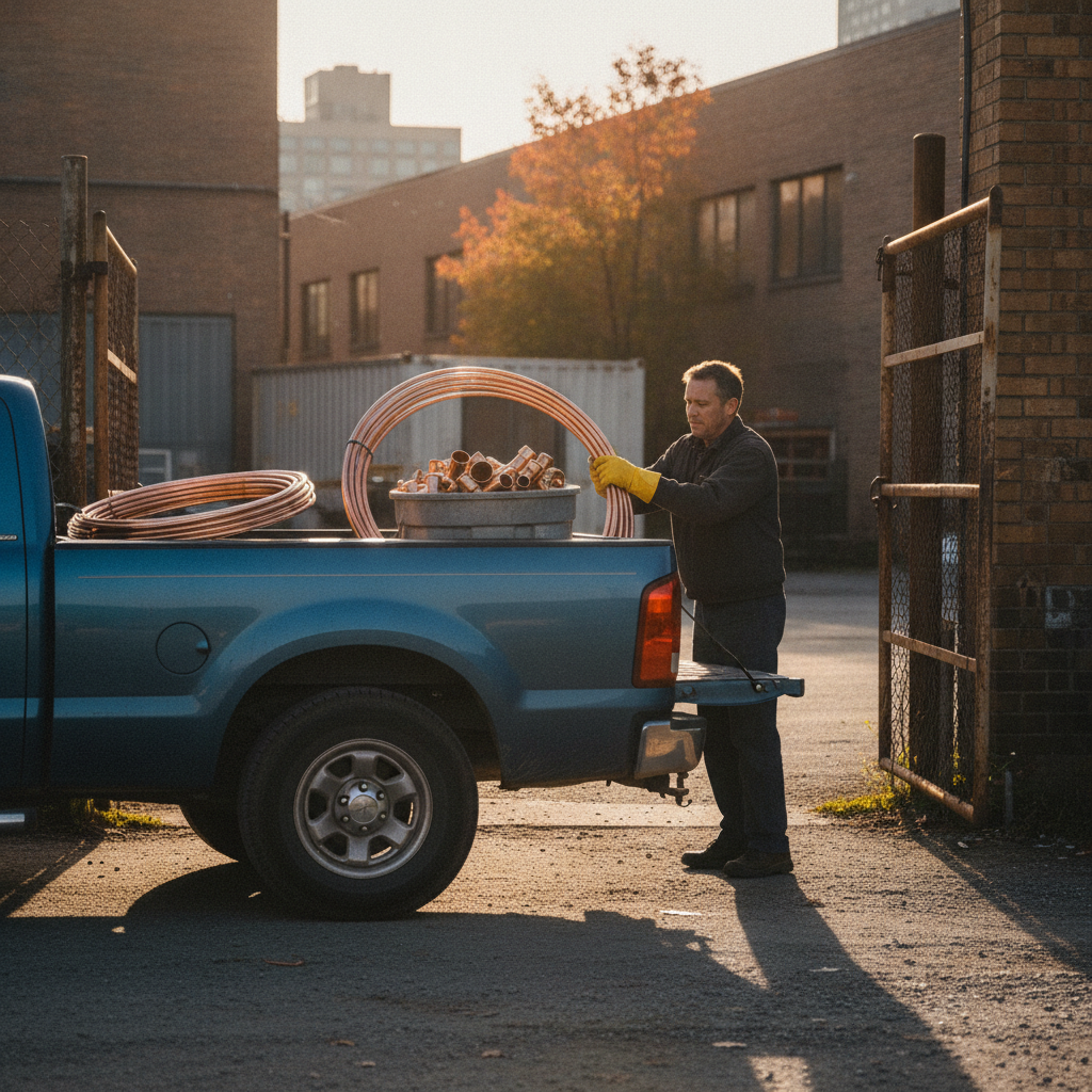 Homeowner loading clean copper pipes and fittings at an Etobicoke scrap yard entrance for responsible recycling