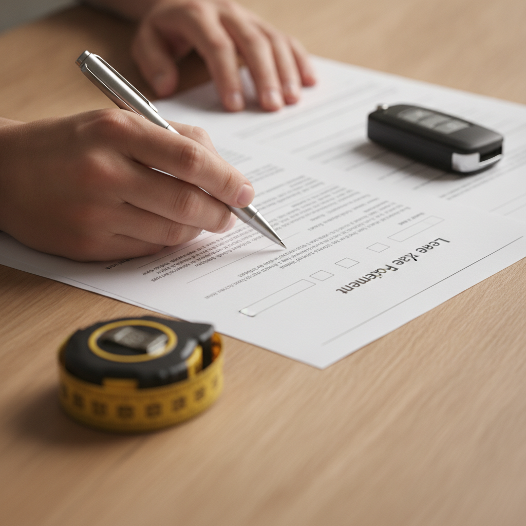 Close-up of hands reviewing a commercial lease with keys and tools, illustrating commercial property rental agreement details