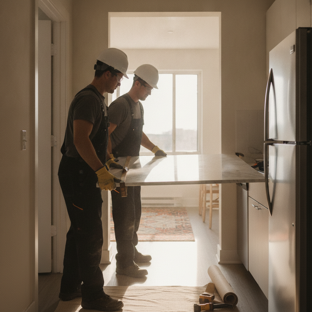 Installers carrying a countertop slab into an apartment kitchen during a rental unit turnover in London
