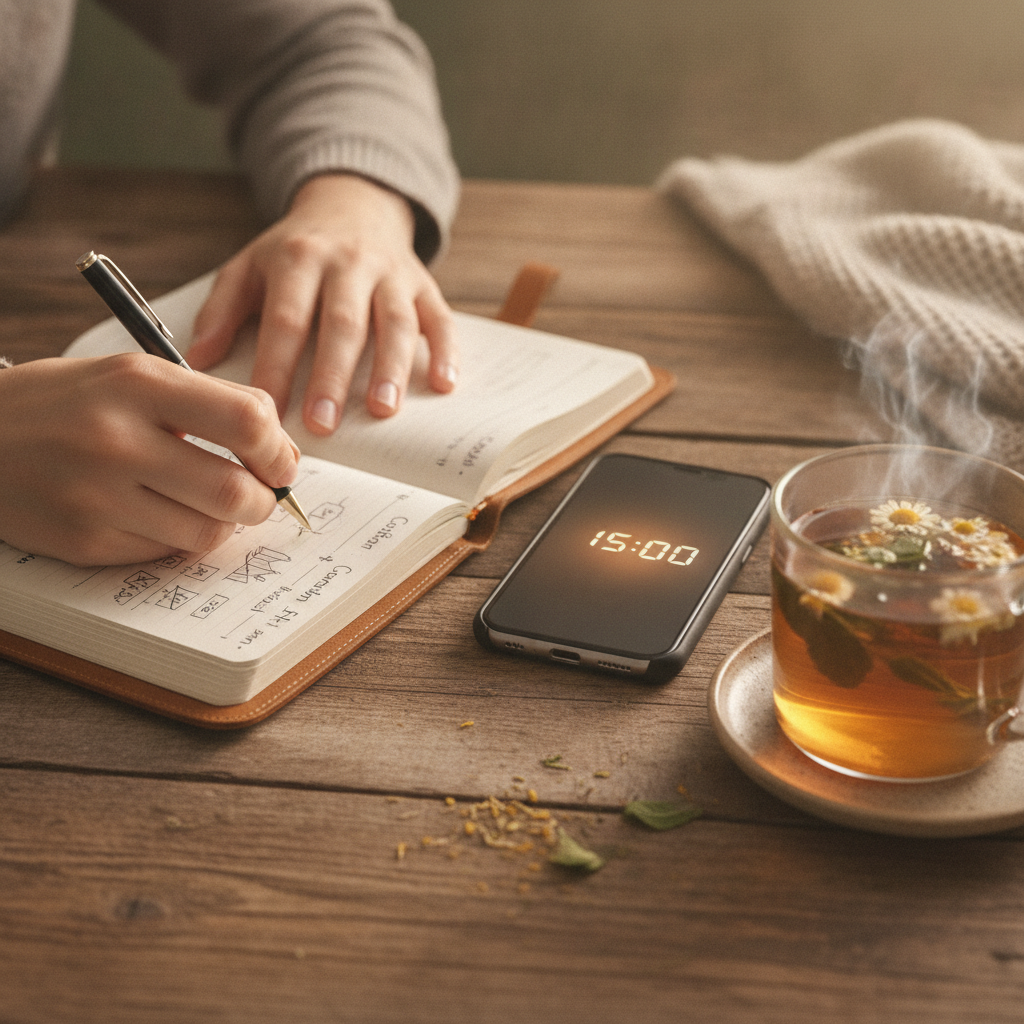 Close-up hands journaling a 10-minute alcohol cravings plan with tea and timer on a wooden table