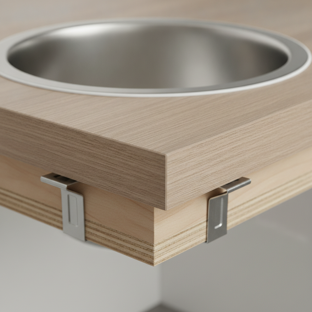 Close-up of countertop installation details showing laminate edge profile, sink cutout sealing, and mounting clips for rental kitchen durability