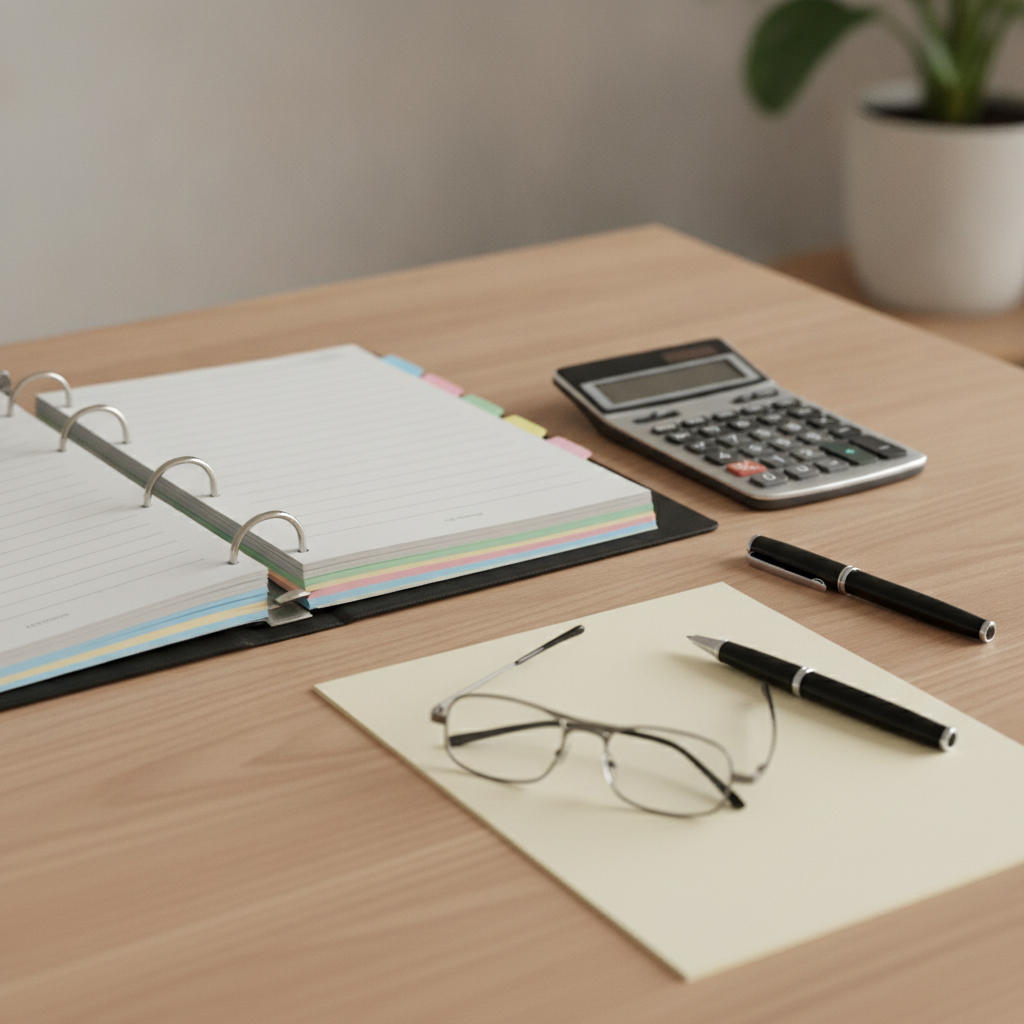 Organized employee insurance planning workspace with binder, calculator, and glasses for Ontario small business benefits